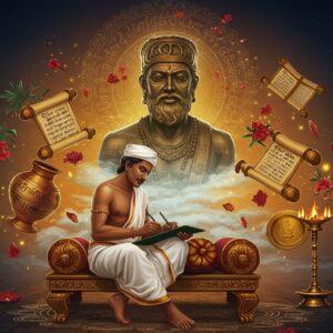 A majestic scene depicting an ancient Tamil scholar seated cross-legged on an ornate bronze throne, wearing traditional white veshti and angavastram, writing on palm leaves with a stylus. The scholar is surrounded by floating, ethereal representations of Tamil literary elements - golden Thirukural scrolls, intricate Sangam-era pottery with Tamil Brahmi inscriptions, and blooming red oleander flowers (symbolic of Tamil literature). Behind him, a massive stylized bronze Thiruvalluvar statue emerges from swirling mist, rendered in the style of Chola bronze sculptures but with a modern, ethereal glow. The background features a gradient of deep peacock blue to saffron, adorned with delicate mandala patterns inspired by Tamil kolam designs. Mystical golden light particles float in the air, illuminating ancient Tamil manuscripts and copper plates. The scene is framed by contemporary interpretations of temple architecture with modern geometric patterns. The lighting is dramatic and otherworldly, creating a bridge between ancient wisdom and modern aesthetics. Rendered in a style that combines hyperrealistic digital art with traditional Thanjavur painting techniques, emphasizing rich metallics and deep jewel tones.