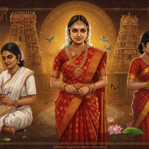 A majestic scene depicting three generations of Tamil women in different time periods, arranged in a triptych composition. The central figure is a contemporary Tamil bride in a rich red and gold Kanchipuram saree with temple border designs, adorned with traditional temple jewelry and jasmine flowers. To her left, a Sangam-era woman in simple cotton attire writing palm leaf manuscripts, surrounded by ancient Tamil scripts floating ethereally. To her right, a modern professional Tamil woman in a fusion outfit combining traditional and contemporary elements, holding both a tablet and a palm leaf. The background features intricate Kolam patterns that morph from ancient to modern designs, with the Chennai skyline subtly visible. The scene is illuminated by warm golden light with peacock blue accents. Architectural elements from various periods of Tamil Nadu temples frame the composition. The art style combines traditional Indian miniature painting techniques with modern digital art, featuring rich maroons, deep blues, and gold highlights. Ethereal butterflies and lotus flowers float through the scene, symbolizing transformation and evolution.