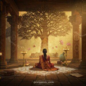 A serene ancient Tamil library setting bathed in warm golden light, featuring ornate wooden pillars carved with Tamil Sangam-era motifs and peacock designs. A young Indian woman in a traditional burgundy silk saree with golden border sits cross-legged on an intricately woven mat, surrounded by palm leaf manuscripts and copper plates. Ancient Tamil symbols and Thiruvalluvar's portrait float ethereally in swirling patterns behind her. The scene is illuminated by brass oil lamps casting a mystical glow. Traditional kolam patterns in luminescent white flow across the floor, transforming into modern geometric designs. Rays of sunlight filter through ornate temple-style windows, creating dramatic light beams. In the background, a massive tree of knowledge with branches formed of flowing Tamil scripts merges with modern digital elements. The art style combines Tanjore painting techniques with contemporary digital art, featuring rich maroons, deep blues, and burnished gold. Madhubani-inspired borders frame the scene with classical Tamil motifs and symbols. The atmosphere is dreamlike and mystical, with floating lotus flowers and subtle mandala patterns in the air.