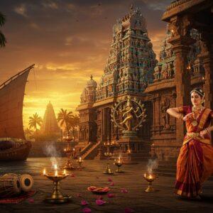 A majestic scene depicting a grand Tamil temple complex with soaring Dravidian gopurams adorned with intricate, colorful sculptures and carvings, rising against a dramatic sunset sky in shades of deep orange and purple. In the foreground, a beautiful young Indian woman in a traditional Tamil silk saree (maroon and gold) performs Bharatanatyam dance poses amidst floating bronze oil lamps. The temple courtyard features ancient Chola bronze statues, particularly a detailed Nataraja in cosmic dance pose. To the left, a traditional Tamil sailing vessel with curved hull and distinctive sail pattern represents maritime trade. The scene incorporates iconic elements like palm trees, classical Tamil musical instruments (veena, mridangam), and architectural details from Thanjavur's Brihadeeswara Temple. Mystical golden light streams through the temple pillars, creating dramatic shadows. The artwork style merges hyperrealistic digital art with traditional Indian Tanjore painting techniques, featuring rich gold leaf effects and jewel-tone colors. The atmosphere is ethereal and timeless, with delicate floating lotus petals and subtle smoke from the oil lamps adding depth and mystery.