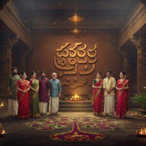 A majestic scene depicting a multi-generational Telugu family gathered in a traditional courtyard with Kalamkari-styled walls adorned with intricate Telugu script patterns. The family members wear modern interpretations of traditional Telugu attire - men in sleek silk kurtas and women in elegant silk sarees with temple borders. In the background, a large copper-toned Telugu script sculpture emerges from a wall covered in contemporary geometric Ikkat patterns. The foreground features a decorative rangoli made with rice flour transforming into a family tree with flowing branches. Soft golden light filters through temple-style pillars, casting dramatic shadows. The color palette includes deep purples, rich maroons, and metallic golds typical of Kanjeevaram silks. The scene incorporates elements of both modern and traditional architecture, with classic Telugu elements like banana leaves and jasmine flowers subtly integrated into the design. The family members are depicted with typical Telugu features, adorned with traditional jewelry including thodu (earrings) and vaddanam (waist belt). Atmospheric lighting creates a warm, inviting ambiance with subtle lens flares highlighting key elements. Style combines hyperrealistic digital art with traditional Indian Pattachitra patterns.