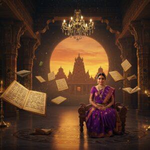 A grand, ethereal library setting with ornate pillars adorned in traditional Telugu architectural style, featuring intricate gold-leafed mandala patterns. A graceful Indian woman in a rich purple silk saree with gold border sits cross-legged on a carved wooden seat, surrounded by floating ancient palm leaf manuscripts and modern books. The manuscripts emit a soft golden glow, with Telugu scripts transforming into flowing patterns of peacocks and lotus flowers. In the background, a large circular window shows the silhouette of ancient Telugu temples against a sunset sky in shades of saffron and deep blue. The scene is illuminated by warm, diffused light creating a mystical atmosphere. Traditional brass oil lamps cast dancing shadows, while contemporary glass chandeliers add modern elements. Artistic style combines Kalamkari patterns with modern digital art aesthetics, featuring rich jewel tones of deep purple, royal blue, and burnished gold. The foreground showcases a marble floor with intricate Telugu-inspired rangoli patterns that seem to come alive with subtle animation. Hyperrealistic rendering with magical realism elements, 8k resolution, cinematic lighting.
