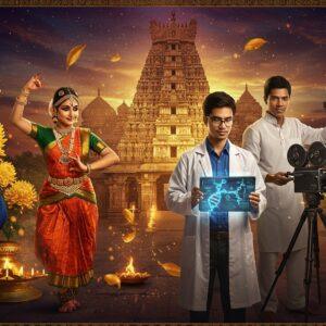 A majestic panoramic scene showcasing multiple iconic Telugu elements: A grand Kakatiya temple architecture with intricate carvings in the background, merging into a modern tech hub representing Hyderabad. In the foreground, three distinguished Telugu figures - a classical Kuchipudi dancer in vibrant silk costume performing with graceful mudras, a modern scientist holding a tablet with DNA structures holographically projected, and a film artist with vintage camera equipment. The scene is illuminated by soft golden light, with floating chrysanthemum flowers and peacock feathers. Traditional Bidri craft motifs and Pochampally ikat patterns weave through the composition like ethereal ribbons. The color palette includes deep purples, rich golds, and royal blues. The style combines hyperrealistic digital art with traditional Kalamkari art patterns in the borders. Mystical aura effects and particle effects add a contemporary touch. The lighting creates a dramatic interplay of light and shadow, emphasizing both the historical and modern elements. The scene includes subtle references to Telugu literature with palm leaf manuscripts transforming into modern digital displays.