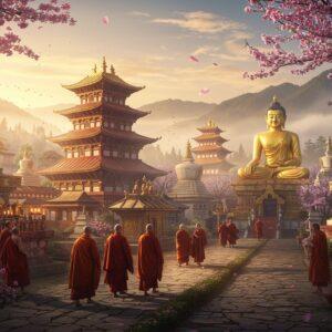 A serene panoramic view of an ancient Buddhist temple complex nestled in misty Himalayan mountains at dawn, with golden sunlight illuminating the scene. The main temple features traditional Buddhist architecture with multiple-tiered pagoda roofs in deep maroon and gold. In the foreground, a group of monks in saffron robes walk along a stone path lined with prayer flags fluttering in the wind. The path is decorated with intricate lotus motifs and leads to a massive golden Buddha statue in meditation pose. Cherry blossoms and bodhi trees frame the scene, their petals floating in the air. Sacred stupas of varying sizes dot the landscape, each adorned with prayer wheels and butter lamps. The atmosphere is mystical with swirling mists and gentle rays of light breaking through clouds. The art style combines photorealistic details with ethereal, dream-like elements, featuring a color palette of deep maroons, rich golds, sunrise oranges, and misty blues. Small groups of pilgrims in traditional Indian attire can be seen performing circumambulation around the stupas. The scene is captured from a slightly elevated angle to showcase the grandeur and spiritual significance of the location.