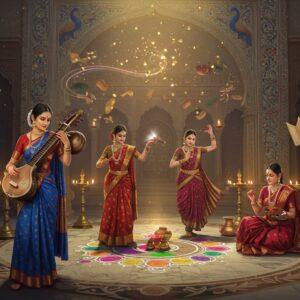 A grand, ethereal scene depicting an ancient Indian courtyard with intricate Madhubani-style patterns on marble floors, where four graceful Indian women in rich silk sarees (deep blue, gold, crimson, and emerald) demonstrate different classical arts. The first woman plays a golden veena, her fingers delicately positioned on strings; the second creates an intricate rangoli with colorful powders; the third performs a classical dance pose with mudras; and the fourth paints a miniature on a palm leaf. Behind them, a massive ornate archway decorated with peacock motifs and lotus patterns frames the scene. Floating golden mandalas and swirling musical notes create a mystical atmosphere. Soft glowing orbs of light illuminate the scene, casting a warm, divine radiance. Traditional brass oil lamps line the courtyard, their flames creating dancing shadows. Decorative scrolls and ancient manuscripts float ethereally in the background. The color palette combines deep traditional colors with modern metallic highlights. The art style merges traditional Pattachitra techniques with contemporary digital art aesthetics, emphasizing both detail and luminescence. Hyperrealistic rendering with a dreamy, surreal quality.