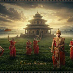 A majestic panoramic view of medieval Assam, featuring an imposing Rang Ghar (royal sports pavilion) with its distinctive double-storied oval structure and intricate carvings in the background. In the foreground, a noble Ahom warrior king stands proudly, wearing traditional Ahom royal attire with gold embellishments, holding a hengdang sword and adorned with distinctive Ahom jewelry. The scene includes elements of Tai-Ahom culture - sacred Solung temple drums, traditional Vrindavani Vastra textiles with vibrant patterns, and ceremonial umbrellas. The landscape shows lush tea gardens, the mighty Brahmaputra River, and mist-covered hills. Architectural details include the octagonal Sola Tenghi design elements and traditional motifs from Assamese architecture. The lighting creates a golden hour effect, with sun rays filtering through clouds, casting dramatic shadows. The art style combines Madhubani patterns in the borders with photorealistic central elements, deep jewel tones of emerald, royal blue, and gold dominate the color palette. Background shows traditional Bihu dancers in flowing mekhela chadors performing with raised hands, their figures slightly blurred for depth. Highly detailed, cinematic composition, soft ethereal glow, mythology-inspired aesthetic.