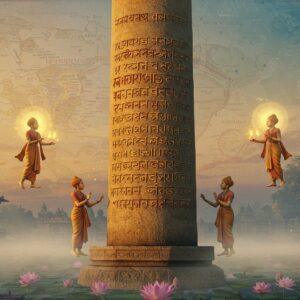 A majestic stone pillar emerges from a misty dawn, its surface richly carved with Gupta-era Sanskrit inscriptions in Brahmi script, rendered in deep orange-gold hues. The pillar stands against a dreamy background featuring a stylized map of ancient Prayagraj in Madhubani art style. Ethereal figures of royal scribes in traditional Indian attire hover around the pillar, their hands gracefully gesturing toward the inscriptions. Floating mandala patterns in peacock blue and gold interweave through the scene. The lighting is dramatic, with soft golden rays filtering through morning mist, highlighting the intricate details of the carved letters. Delicate lotus flowers in pastel pink bloom at the base of the pillar. The scene is framed by traditional Indian architectural elements and motifs, with subtle symbols of Samudragupta's empire woven into the borders. Photorealistic details of the pillar's texture and weathering merge seamlessly with surreal, spiritual elements. The color palette focuses on royal golds, deep maroons, and ethereal blues, with hints of copper patina on the pillar's surface.
