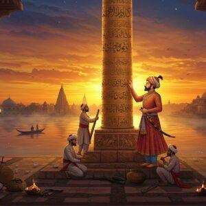 A majestic view of the intricately detailed Allahabad Pillar standing tall against a vibrant sunset sky in deep saffron and royal blue hues, its polished sandstone surface gleaming with detailed Brahmi inscriptions. Emperor Jahangir, depicted in his signature royal Mughal attire with elaborate jewels and his distinctive turban, stands beside the pillar, his hand reverently touching its surface. Skilled artisans in period-accurate Mughal clothing work meticulously on the pillar's restoration, using traditional tools. The scene is surrounded by Mughal architectural elements - ornate arches, geometric patterns, and Islamic motifs seamlessly blending with ancient Hindu designs. In the background, the confluence of the three rivers creates a mystical atmosphere with soft, ethereal mist. The lighting is dramatic, with golden rays highlighting the pillar's ancient inscriptions. The art style combines traditional Mughal miniature painting techniques with modern digital art, featuring rich jewel tones of peacock blue, deep maroon, and burnished gold. Delicate lotus motifs and mandala patterns frame the scene, while floating oil lamps cast a warm, spiritual glow.