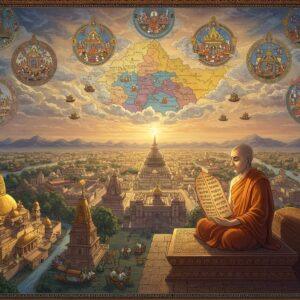 A majestic aerial view of ancient Magadha kingdom, rendered in traditional Madhubani art style merged with modern digital aesthetics. The scene depicts a richly detailed cityscape with golden-domed stupas, red-brick monasteries, and ivory-white royal palaces. In the foreground, an enlightened Buddhist monk in saffron robes sits in padmasana on a carved stone platform, holding an ancient palm leaf manuscript of the Anguttara Nikaya, glowing with subtle divine light. Behind him, a detailed map of the 16 Mahajanapadas spreads across an ornate wall, with each kingdom depicted in deep jewel tones - peacock blue, royal purple, and burnt gold. Intricate mandalas float ethereally in the sky, containing miniature scenes of trade routes, royal courts, and Buddhist assemblies. The lighting is warm and mystical, with rays of golden sunshine filtering through clouds shaped like lotus petals. Small details include merchant caravans, flowing rivers with boats, and distant mountain ranges, all rendered in a combination of traditional Indian art patterns and modern digital precision. The color palette focuses on rich maroons, deep blues, and metallic golds, with hints of ethereal pastels in the sky.