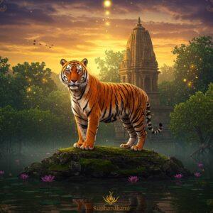 A majestic Bengal tiger in its prime, muscular and powerful, standing atop a moss-covered ancient temple ruin in Sundarbans, its orange fur luminescent in golden sunset light. The tiger's stripes are intricately detailed in deep black, following traditional Madhubani art patterns. The backdrop features dense mangrove forests in deep emeralds and teals, with sacred lotus flowers blooming in the surrounding waters. Mystical golden particles float in the air. The scene is framed by ornate mandala patterns in saffron and peacock blue. The tiger's eyes are piercing amber, radiating both strength and wisdom. The water reflects the sky in surreal patterns, creating a mirror effect. The lighting is dramatic with ethereal gold and purple hues in the sky. Photorealistic digital art style with Indian traditional art elements, highly detailed texturing, volumetric lighting, cinematic composition, soft atmospheric fog weaving through the mangroves.