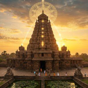A majestic aerial view of the Brihadeeswara Temple at golden hour, with its 216-foot-tall vimana casting long shadows across the massive courtyard. The temple's rich granite structure glows in warm orange sunlight, showcasing intricate Dravidian architectural details, with ornate carvings of dancing Shiva forms and mythological scenes along its walls. In the foreground, several stone Nandi sculptures lead to the main entrance. The scene features mystical elements with ethereal light streams connecting the temple's peak to a cosmic mandala in the sky, incorporating traditional Chola-era patterns. Small groups of devotees in traditional Tamil attire appear as graceful silhouettes against the temple's grandeur. The surrounding landscape includes blooming lotus ponds reflecting the temple's image, with soft-focused ancient palm trees framing the scene. The art style combines hyperrealistic architectural details with magical surrealism, emphasizing the temple's spiritual and historical significance through a modern aesthetic lens. Intricate Chola-era geometric patterns float as translucent overlays across the scene, with subtle golden accents highlighting the architectural masterpiece.