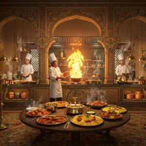 A grand, opulent Indian restaurant interior with intricate Madhubani-style wall murals depicting ancient culinary scenes. In the foreground, a masterful Indian chef in crisp white attire with gold accents performs a dramatic flambé with vibrant orange flames rising from a copper vessel. The kitchen backdrop showcases multiple levels of action - chefs preparing various dishes amid steam and aromatic spices floating in the air. Traditional brass utensils and modern kitchen equipment seamlessly blend together. Golden light filters through ornate jaali windows, creating dramatic shadows. Multiple dishes arranged in a spiral pattern on a large wooden table, including butter chicken, biryani, and colorful curries, with steam rising aesthetically. Decorative elements include hanging brass lamps, fresh herb gardens, and mandala patterns on the floor. The scene combines both traditional elements (spice boxes, copper vessels) and modern restaurant aesthetics (sleek serving stations, ambient lighting). The color palette features deep maroons, burnished golds, emerald greens, and warm ambers. Rendered in a style merging digital art with traditional Indian Pattachitra patterns, emphasizing luxury and culinary expertise.