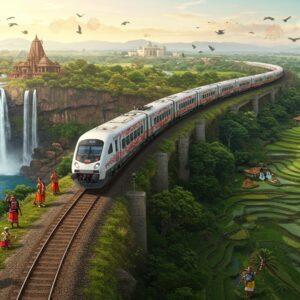 A stunning aerial view of a modern high-speed train winding through Chhattisgarh's diverse landscape, rendered in vibrant Madhubani-inspired art style. The train's metallic body reflects golden sunlight, adorned with tribal Gond art patterns in deep maroon and peacock blue. The surrounding scene splits into distinct sections: the majestic Chitrakote Falls cascading with crystal-clear waters, the ancient Bhoramdeo Temple with intricate carvings, dense Sal forests of Kanger Valley, and the serene Dhamtari rice terraces in emerald green. Traditional Chhattisgarhi dancers in colorful attire perform near the tracks, their ghungroos catching light. Flying birds create dynamic patterns in the sky, while tribal motifs and mandalas float ethereally in the background. The scene features a soft gradient from dawn colors - rose gold and amber - transitioning to deep turquoise. Modern elements like backpackers with cameras and luxury eco-resorts blend seamlessly with traditional architecture. Lighting emphasizes golden hour warmth, creating a dreamy, inviting atmosphere with subtle lens flares and floating light particles.