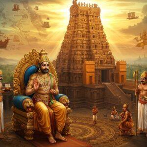A majestic aerial view of the grand Brihadeeswara Temple in Thanjavur, with its 216-foot tall golden vimana gleaming in warm sunlight, surrounded by intricate Mandala-style patterns in traditional Chola colors of deep red and gold. In the foreground, a regal Chola emperor (wearing a jewel-studded crown, golden silk dhoti, and elaborate gemstone jewelry) sits on an ornate golden throne decorated with tiger emblems. He's flanked by ministers in traditional Tamil attire, holding copper plates and palm leaf manuscripts. The scene includes detailed architectural elements showing advanced engineering with sacred geometry patterns. The background features a stylized map of the Chola territory with naval ships suggesting maritime trade, dancing figures representing cultural prosperity, and temple architects with measuring tools. The lighting is dramatic with ethereal golden rays streaming through temple windows, creating a divine atmosphere. The art style combines hyperrealistic architectural details with stylized Chola-era artistic elements, rendered in a modern digital aesthetic with rich textures and depth.