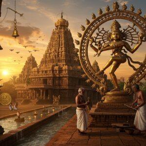 A majestic bronze Nataraja performing the cosmic dance against the backdrop of the grand Brihadeeswara Temple at sunset, with its 216-feet high vimana tower casting long shadows. The temple's intricate granite sculptures and golden kalasam gleam in warm light. In the foreground, master craftsmen in traditional Tamil attire work on an intricate bronze sculpture using lost-wax technique. The scene is surrounded by flowing water channels representing advanced irrigation systems, with detailed stone inscriptions and temple tanks visible. Ornate Chola-era coins and copper plates scatter the scene. The style combines hyperrealistic architectural details with ethereal lighting, featuring rich colors of burnt gold, deep bronze, and warm sandstone. Mandala patterns and lotus motifs frame the composition, while floating diyas and temple bells add spiritual elements. The atmosphere captures both the grandeur and artistic sophistication of the Chola period, rendered in a fusion of traditional Tanjore art style and modern digital aesthetics, with an emphasis on the interplay of light on bronze and stone surfaces.