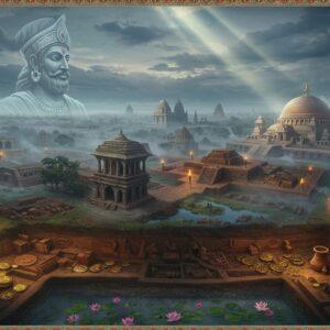 An aerial view of ancient Pataliputra at dusk, with majestic stone pillars and Buddhist stupas emerging from morning mist. The foreground shows detailed archaeological excavations revealing intricate terracotta artifacts, golden Mauryan coins, and remnants of palatial architecture. A ghostly, translucent image of Emperor Ashoka in royal regalia overlooks the city. The scene features authentic Mauryan-era architecture with wooden fortifications and the legendary hundred gates. Burning torches cast warm golden light on weathered stone structures. The color palette combines deep earthy browns, misty blues, and touches of gold. Sacred lotus flowers float in the foreground water bodies. The art style merges traditional Madhubani patterns in the border details with modern digital art techniques. Multiple layers of civilization visible through soil strata, showcasing different historical periods. Ethereal light beams pierce through clouds, illuminating key architectural elements. The scene has a mysterious, otherworldly quality while maintaining historical accuracy of Mauryan period architecture.