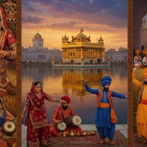 A vibrant panoramic scene of Punjab's cultural essence, featuring a majestic Golden Temple reflecting in the sacred sarovar during sunset, with golden light illuminating its dome. In the foreground, Bhangra dancers in traditional attire (kurta pajama in rich colors of royal blue and saffron) perform energetically, their phulkari dupattas creating dynamic movement. To the left, a detailed tableau shows women in colorful Punjabi suits working on intricate phulkari embroidery patterns. The right side features farmers in traditional turbans amid golden wheat fields, with traditional musical instruments like dhol and tumbi nearby. The background incorporates elements of Sikh architecture with detailed geometric patterns and ornate arches. The scene includes subtle details like clay pottery, traditional jewelry, and folk art motifs. The lighting creates a magical atmosphere with warm golden hues blending into deep purples and blues of dusk. Art style combines hyperrealistic digital rendering with traditional Indian folk art elements, emphasizing rich textures and intricate patterns. The composition should have a cinematic quality with depth and atmospheric perspective.