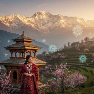 A breathtaking mountain landscape showcasing the Dhauladhar range in ethereal morning light, with snow-capped peaks glowing in gold and soft pink hues. In the foreground, a stunning composition of traditional Himachali elements: a young Indian woman wearing the distinctive Kullu shawl in deep maroon with intricate geometric patterns, adorned with traditional silver jewelry including the iconic chandrahaar necklace. She's standing beside an intricately carved wooden temple in traditional Pahari architecture style, with detailed mandala-like carvings and ornate pillars. The scene is enriched with floating Kinnauri patterns and motifs, swirling through the air like magic, incorporating local Buddhist prayer flags in turquoise, white, and saffron colors. The background features terraced fields with apple orchards in bloom, their pink-white flowers creating a dreamy atmosphere. The lighting is mystical, with soft golden rays filtering through morning mist, creating a surreal, ethereal quality. Art style combines hyperrealistic digital painting with traditional Pahari miniature painting techniques, emphasizing rich colors, intricate details, and spiritual symbolism.