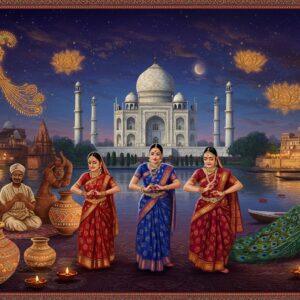 A grand panoramic scene showcasing multiple iconic elements of Uttar Pradesh culture, centered around a magnificent Taj Mahal rendered in ethereal moonlight with golden accents. In the foreground, three generations of Indian women in traditional Banarasi silk sarees (deep maroon, royal blue, and golden) perform Kathak dance poses with graceful mudras. The scene is framed by intricate Chikankari embroidery patterns floating like luminous threads in the air. On the left, artisans work on detailed terracotta sculptures and blue pottery, their hands creating glowing patterns. On the right, a peacock with an elaborate tail displays feathers that transform into various classical Indian dance mudras. The background features a stylized skyline blending ancient temples of Varanasi with modern architecture, all connected by flowing river Ganga rendered in shimmering gold and deep blue. Floating diyas and lotus flowers dot the scene, each emanating a soft, warm glow. The artwork incorporates traditional Madhubani patterns in the borders, with rich jewel tones of deep purple, royal blue, and gold dominating the color palette. The overall composition has a dreamy, surreal quality with modern digital art techniques while maintaining traditional Indian art elements. Hyper-detailed, cinematic lighting, 8k resolution.