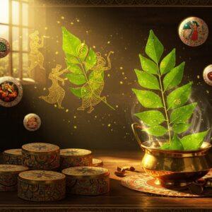 A mystical Indian kitchen scene with golden sunlight streaming through an ornate window, illuminating a floating, ethereal curry leaf plant with vibrant green leaves emanating a visible aroma depicted as swirling, golden patterns in Madhubani style. The leaves transform into dancing figures in traditional Indian attire. In the foreground, a polished brass urli contains fresh curry leaves releasing luminous steam. The composition includes traditional Indian spice boxes (dabba) with intricate mandala patterns, arranged in a circular pattern. Floating spheres showcase different Indian dishes with curry leaves. The scene features rich colors - emerald greens, burnished gold, deep maroon, and peacock blue. Delicate Pattachitra-style border patterns frame the scene. The lighting is warm and dramatic, creating a ethereal glow around the curry leaves. The background shows subtle kolam patterns in gold. Hyper-realistic details on the curry leaves with dewdrops, while maintaining a magical, surreal atmosphere. The art style combines photorealistic elements with traditional Indian art motifs, creating a modern yet culturally rich aesthetic.