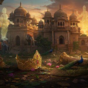 A majestic ancient Indian palace complex at sunset, crumbling and partially overtaken by nature, with the iconic Vardhana dynasty architectural elements still visible. In the foreground, a fallen golden crown with embedded jewels lies partially buried in soil, while lotus flowers grow through its crevices. The scene is split diagonally - one half shows the palace in its glory days with vibrant Madhubani-style patterns, golden spires, and royal elephants adorned with ceremonial garb, while the other half shows the same palace in decay. Ethereal spirits of past Vardhana rulers fade into the dusky sky, rendered in translucent gold and saffron hues. Ancient Sanskrit inscriptions and royal seals are weathered but visible on fallen pillars. The composition includes symbolic elements like a broken throne, scattered coins, and withered royal banners. The lighting creates dramatic shadows, with the setting sun casting a deep orange glow. The art style combines traditional Indian Pattachitra techniques with modern digital fantasy art, featuring rich jewel tones contrasting with muted earthen colors. Peacocks, symbolic of royalty, roam the abandoned courtyards. Hyperrealistic textures for the architectural details, 8k resolution, cinematic lighting.