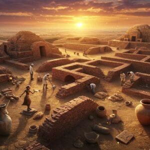 A majestic aerial view of ancient Harappa ruins at sunset, with archaeological excavation in progress. The scene shows partially unearthed brick structures with distinctive Harappan architecture, including the Great Bath and granaries. Indian archaeologists in modern attire carefully brush away sand from newly discovered artifacts. Golden evening light casts long shadows across the site, creating a dramatic atmosphere. In the foreground, iconic Harappan artifacts are prominently displayed: a dancing girl bronze statue, unicorn seal, and intricately designed pottery with geometric patterns. The sky features a blend of deep orange and purple hues, with subtle Madhubani-style cloud patterns. Mystical golden particles float in the air, suggesting the magic of discovery. The composition transitions from modern excavation tools and equipment in the foreground to increasingly ancient, untouched ruins in the background. The scene is rendered in a hyper-detailed digital art style with rich textures, combining photorealistic elements with traditional Indian art motifs. Soft ethereal lighting illuminates key artifacts and architectural features.