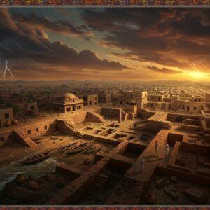 A haunting aerial view of an ancient Indus Valley city at dusk, with detailed terracotta-colored buildings and precise grid-like streets in Madhubani art style. The great dock of Lothal in the foreground shows crumbling walls and dried-up basin, with abandoned boats lying tilted. Rising flood waters on one side and advancing desert sands on the other side creep towards the city. The sky features a dramatic mix of storm clouds in deep indigo and burnt orange. Scattered broken pottery, seals, and weathered artifacts lie in the foreground. Ethereal, translucent figures of ancient traders and citizens fade into the scene, rendered in golden light. The architecture showcases the signature Indus Valley elements - the great bath, granaries, and sophisticated drainage systems, all showing signs of decay. Intricate Pattachitra-style patterns adorn the borders, featuring motifs of waves, earth, and celestial bodies in deep maroon and peacock blue. The lighting is mystical with a combination of fading sunlight and spiritual glow, creating long shadows across the archaeological remains. Hyper-detailed digital art meets traditional Indian art style.