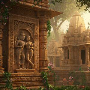 A magnificent ancient stone temple complex emerging from a mystical forest, with intricate Nagara-style architecture adorned with detailed carvings. The main focus is an expertly carved stone panel showing a loving couple in traditional ancient Indian attire and jewelry, portrayed tastefully in the classical Kamasutra art style. The temple walls feature ornate mandala patterns and lotus motifs in weathered stone. Soft, golden sunlight filters through tree branches, creating a dramatic interplay of light and shadow on the stone surfaces. The scene is enhanced with blooming flowers, vines delicately wrapping around pillars, and stone peacocks in graceful poses. The art style combines traditional Indian temple architecture with ethereal lighting and atmospheric effects. The color palette includes warm sandstone hues, deep forest greens, and touches of gold from the sunlight. The overall composition suggests both historical significance and spiritual reverence, with multiple layers of carved details visible in the background.