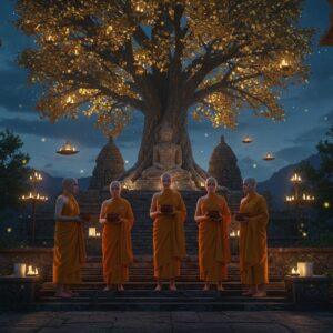A serene night scene depicting five ancient Indian Buddhist nuns (Bhikkhunis) in saffron robes, led by Mahaprajapati Gautami, standing on lotus-shaped stone steps of a grand monastery. Their heads are shaved, and they carry simple clay bowls. Behind them, a massive Bodhi tree with golden leaves glows with ethereal light, its branches creating intricate mandalas in the sky. The scene is illuminated by floating butter lamps and fireflies. In the background, a stylized crescent moon casts a soft blue light. The architectural elements blend Ashoka-era Buddhist architecture with magical realism, featuring carved pillars with dharma wheels and lotus motifs. The color palette transitions from deep saffron to midnight blue, with accents of gold and silver. The art style combines traditional Ajanta cave painting techniques with modern digital art aesthetics, creating a mystical atmosphere. Small details include sacred Buddhist symbols floating in the air and subtle patterns in the nuns' robes representing the noble eightfold path. ::hyperdetailed ::cinematic lighting ::golden ratio composition ::4k ::octane render