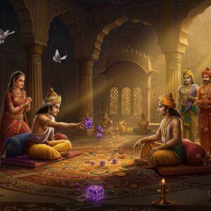 A dramatic scene depicting the fateful dice game from Mahabharata in a grand, ornate royal court with intricate Madhubani-style patterns on golden pillars and walls. In the center, Shakuni and Yudhishthira sit across from each other on jeweled cushions, with a golden dice board between them. Shakuni's hand is caught mid-throw, with dice emanating a subtle sinister purple glow. Behind Yudhishthira stands Draupadi in a rich red and gold saree, her face showing concern, while the Kauravas led by Duryodhana watch with smirking expressions from the right. The scene is illuminated by ethereal golden light streaming through traditional jharokha windows. Ornate mandalas float in the background, creating a mystical atmosphere. The art style combines hyperrealistic character details with traditional Indian artistic elements, featuring rich colors of deep maroon, royal blue, and burnished gold. The floor features intricate kolam patterns that seem to swirl with energy. The entire scene is framed by stylized lotus motifs and peaceful doves in flight, symbolizing the peace about to be shattered.