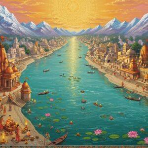 A breathtaking aerial view of the sacred Ganges River flowing from the snow-capped Himalayas, rendered in rich traditional Indian art style. The river, depicted in shimmering turquoise and golden hues, curves gracefully through the landscape like a divine serpent. Along its banks, intricately detailed ancient temples with ornate spires in deep maroon and saffron colors rise majestically. The scene transitions from the pristine mountain source with crystalline glaciers to bustling holy cities, shown through detailed Madhubani-style patterns. Sacred lotus flowers in pink and white float on the water's surface, their petals adorned with delicate golden patterns. Glowing diyas and floating offerings create points of warm light on the water. The sky features a grand mandala-inspired sun in brilliant gold and orange, casting ethereal rays across the scene. Small groups of devotees in traditional Indian attire perform rituals along the ghats, their figures rendered in the detailed Pattachitra style. Swirling mists and spiritual symbols emerge from the water, creating a mystical atmosphere. The overall composition flows from top to bottom, leading the eye on a journey from the mountains to the sea, with careful attention to traditional Indian artistic elements while maintaining a modern, digital aesthetic.
