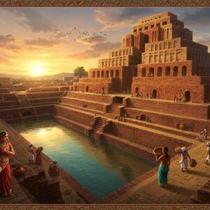 A majestic aerial view of the Great Bath of Harappa during sunset, with pristine blue-green water reflecting golden light. The structure features perfectly laid burnt bricks in intricate patterns, with detailed water channels and drainage systems visible. In the foreground, two ancient Harappan women in traditional attire with elaborate jewelry carry ornate water vessels. The massive granary structure stands prominently in the background, with visible traces of grain storage platforms and ventilation ducts. The scene incorporates Madhubani-style decorative elements along the borders, featuring geometric patterns and symbols found in Harappan seals. The lighting is warm and ethereal, with soft rays filtering through scattered clouds, creating dramatic shadows across the architectural details. Small groups of traders and workers in period-accurate clothing move around the granary, carrying baskets of grain. The color palette includes deep terracotta reds, sandstone browns, turquoise blues, and burnished gold. Archaeological artifacts like pottery, seals, and copper tools are tastefully scattered in the scene. The composition maintains historical accuracy while incorporating subtle magical realism through glowing auras and floating mandala patterns in the sky.
