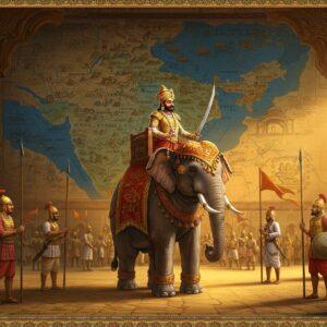 A majestic panoramic scene of ancient India during the Gupta period, featuring a golden-armored Gupta emperor (wearing the distinctive Gupta crown with precious gems) mounted on a decorated elephant in the center. The elephant wears royal decorations with intricate patterns in gold and red. The emperor holds a sword pointing towards the sky. Behind him, a massive detailed map of the Gupta empire stretches across palace walls, painted in rich deep blues and golds using traditional Madhubani art style. The map shows key territories from Bengal to Malwa. Multiple soldiers in classical Gupta-period armor stand in formation, holding spears and shields decorated with the Gupta dynasty emblem. The architecture features ornate pillars with typical Gupta-era carvings and motifs. The scene is illuminated by warm, golden light suggesting sunrise, symbolizing the golden age. Intricate peacock motifs and lotus patterns adorn the borders. The style combines hyperrealistic details with traditional Indian art elements, showing both power and cultural sophistication. The color palette focuses on royal golds, deep reds, and rich peacock blues.