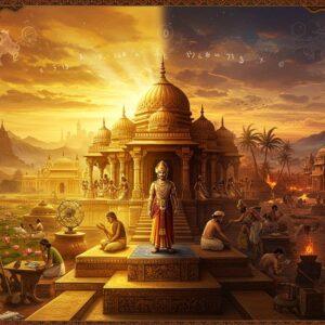 A majestic golden cityscape of ancient Pataliputra at sunset, featuring ornate Sanskrit-era architecture with intricately carved pillars and domed structures in Gupta style. In the foreground, a regal Indian emperor in rich gold-embroidered silk robes and jeweled crown stands on an elevated platform. Behind him, multiple layers of civilization unfold - scholars studying astronomical instruments, mathematicians with palm leaf manuscripts, artisans crafting delicate bronze sculptures, and skilled workers forging gleaming steel weapons. The scene transitions from brilliant gold hues on one side representing prosperity (with blooming lotus gardens, peaceful citizens, and active trade) to darker copper tones on the other showing decline (with approaching raiders and crumbling structures). The sky features an artistic interpretation of the zero concept and decimal system as constellation-like formations. Ethereal light bathes the scene in warm golden rays, while intricate Madhubani-style patterns frame the borders. The art style merges hyperrealistic architectural details with stylized Indian traditional art elements, rendered in a rich color palette of gold, deep burgundy, royal blue, and burnished bronze. Atmospheric perspective creates depth with misty mountains in the distance.