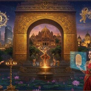 A majestic Indian scene depicting a seamless blend of ancient Gupta and modern elements: A grand golden archway adorned with intricate Gupta-era mathematical patterns and Sanskrit inscriptions merges into modern glass skyscrapers. In the foreground, a young Indian woman in contemporary business attire holds an ancient palm manuscript while operating a holographic display. The background features the iconic Nalanda University architecture transitioning into a modern tech campus. Floating celestial objects include the zero symbol, astronomical diagrams, and Aryabhata's mathematical formulas rendered in glowing golden light. Traditional Ajanta-style painted figures dance alongside modern Indian classical dancers. The scene is illuminated by both ancient oil lamps and modern LED lights, creating a warm golden glow. Rich jewel tones of deep blue, royal purple, and burnished gold dominate the color palette. Intricate Madhubani-style patterns frame the scene, while ethereal lotus flowers bloom both in ancient temple ponds and modern water features. The art style combines hyperrealistic digital rendering with traditional Indian art motifs, emphasizing the seamless flow between past and present.