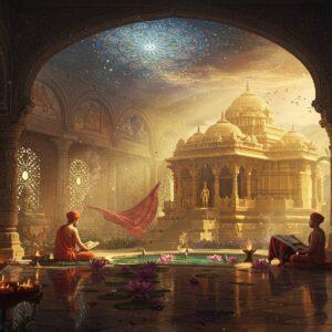 A majestic panoramic scene of ancient Gupta architecture merging with ethereal spirituality, featuring a grand golden temple with intricate mathematical patterns and carved pillars in Madhubani style. In the foreground, a serene meditation garden with blooming lotus pools reflects the temple. A mystical floating mandala in peacock blue and gold hovers above, emanating soft light. Indian scholars in traditional Gupta-period attire study ancient Sanskrit texts under a carved stone archway. The scene includes delicate details of Gupta-era art - bronze Buddha statues, Ajanta-style murals, and astronomical instruments. The lighting is dreamy with warm golden rays filtering through ornate jali windows, creating patterns on the marble floor. The color palette combines deep maroons, royal blues, and burnished gold. Multiple layers of floating translucent fabrics with traditional Gupta motifs add depth. The atmosphere captures both scholarly pursuit and spiritual transcendence, with soft glowing orbs of light and subtle smoke from incense burners. The architectural elements feature mathematically precise sacred geometry patterns characteristic of the period. Hyper-realistic rendering with ethereal lighting effects, 8k resolution, cinematic composition.