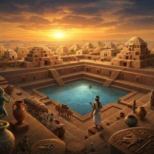 A majestic aerial view of ancient Harappa civilization at sunset, featuring intricate bronze-colored buildings with precise geometric patterns and the iconic Great Bath in the foreground filled with celestial blue water. A mysterious figure in ancient Indus Valley priest robes stands at the bath's edge, holding a copper seal with the unicorn motif. The scene is surrounded by detailed terracotta pottery, dancing figurines, and trade caravans. The sky features a dramatic mix of deep saffron and twilight blue, with subtle Indus script symbols floating like constellations. Ancient trade routes marked by golden threads extend from the city into the distance. The foreground showcases archaeological artifacts - bronze dancing girl statue, painted pottery, and stone seals with precise Harappan motifs. Art style combines hyperrealistic architectural details with mystical Madhubani-inspired patterns in the sky. The lighting creates a dramatic interplay of golden hour warmth and cool shadows, emphasizing the civilization's grandeur. The entire scene is framed by intricate mandala patterns in metallic copper and gold hues.