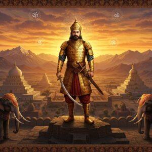 A majestic scene depicting a Hindu Shahi warrior king in ornate golden armor adorned with Sanskrit inscriptions, standing atop the ancient Kabul fortress. He wears a distinctive crown featuring the dynasty's bull emblem and holds a ceremonial sword. Behind him stretches a vast mountainous Afghan landscape with snow-capped Hindu Kush peaks, painted in rich sunset hues of deep orange and purple. Ancient Buddhist stupas and Hindu temples dot the landscape, their architecture showing clear Gandharan influence. The foreground features intricate Madhubani-style border patterns merging into traditional Afghan geometric designs. Two elephants in ceremonial armor stand guard, decorated with flowing silk banners in royal colors of deep maroon and gold. The scene is illuminated by a ethereal glow, with floating mandalas and Sanskrit symbols subtly woven into the sky. The art style combines hyperrealistic details with mystical elements, showing both the historical accuracy and spiritual essence. Warm golden light bathes the entire scene, highlighting the fusion of Indian and Central Asian architectural elements.