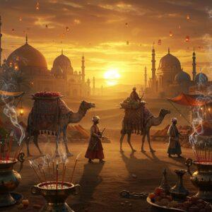 A majestic caravan scene set against a golden desert sunset, featuring richly adorned Indian and Arabian merchants in traditional attire leading decorated camels laden with precious frankincense and myrrh. The foreground shows intricate brass incense burners releasing ethereal, swirling smoke patterns that transform into mystical trade routes across the landscape. Ancient temple architecture blends with marketplace domes in the background, rendered in deep saffron and peacock blue. Madhubani-style patterns adorn the merchants' clothing and camel decorations. The scene is illuminated by warm, glowing lanterns and burning incense, creating an otherworldly atmosphere. Detailed spice markets visible in middle ground with stacks of colorful aromatics. The sky features a mandala-inspired sun casting golden rays through the incense smoke. Traditional geometric Islamic patterns seamlessly merge with Indian motifs in the architectural details. The overall composition emphasizes wealth and cultural exchange through rich colors, golden highlights, and spiritual symbolism. Photorealistic style with magical realism elements, cinematic lighting, and volumetric fog effects.