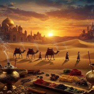 A grand, cinematic desert landscape at dusk with ancient Indian merchants leading a caravan of heavily adorned camels through golden sand dunes. The camels carry ornate bundles of frankincense and myrrh, with wisps of fragrant smoke trailing behind. In the foreground, intricately detailed bronze incense burners with Madhubani-style patterns emit spiraling smoke that forms mystical patterns in the air. The background features a magnificent desert city with golden domes, spires, and elaborate architecture inspired by Petra, rendered in rich saffron and deep maroon tones. The sky is painted in ethereal peacock blues and purples, with a massive mandala sun setting behind the city. Traditional Indian trade symbols and geometric patterns float subtly in the smoke trails. The scene is illuminated by warm, glowing lantern light, creating dramatic shadows across the sand. The merchants wear flowing royal blue and gold traditional Indian garments, adorned with period-accurate jewelry. Detailed elements include ancient maps carved into stone walls, exotic spices scattered in the foreground, and delicate incense holders crafted in traditional Indian metalwork styles. The overall composition should be photorealistic with magical realism elements, emphasizing the mystical nature of the ancient spice trade.