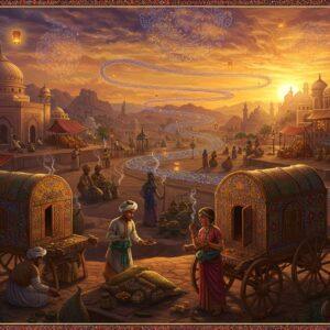A mystical ancient trade route stretching across a detailed Indian landscape, featuring ornate caravans decorated with intricate Madhubani patterns carrying precious aromatic cargo. In the foreground, beautifully detailed Indian merchants in period-accurate clothing (circa 2nd century) inspect fragrant frankincense and myrrh. The scene is illuminated by golden sunset light, creating a ethereal atmosphere with wisps of aromatic smoke forming delicate mandalas in the air. The background shows detailed spice markets with rich textiles, golden vessels, and elaborate architecture inspired by ancient Indian temples. Multiple trails of colorful incense smoke intertwine to form a flowing river-like pattern across the sky, connecting different trading posts dotted with glowing lanterns. The color palette focuses on deep saffron, royal purple, burnished gold, and peacock blue. Artistic style combines traditional Pattachitra art techniques with modern digital fantasy elements, featuring detailed borders and motifs. The smoke elements should appear magical and ethereal, with subtle sparkles and geometric patterns within.