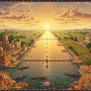 An aerial panoramic view of the majestic Indo-Gangetic Plain at golden hour, rendered in rich Madhubani-inspired art style. A massive, ethereal River Ganges flows through the center, its waters shimmering with golden reflections and lotus flowers. The riverbanks feature intricate miniature scenes: ancient temples with detailed architecture, farmers tending to lush green fields, and holy men performing rituals. The sky features soft, pastel clouds with mandala patterns in peacock blue and saffron. Multiple timeline elements blend seamlessly: ancient stone structures, medieval monuments, and modern buildings coexist harmoniously. Sacred threads and floating diyas create a luminous path across the river. The scene is framed by traditional Indian borders with pastoral motifs and geometric patterns. The lighting is dreamy and atmospheric, with soft glows and halos around spiritual elements. The color palette includes deep maroons, royal blues, earthen browns, and touches of gold leaf effects. The perspective should be slightly tilted to show both the expansive plain and the detailed elements along the river, creating a sense of both grandeur and intimacy.