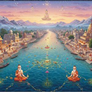 A majestic aerial view of the sacred Indus River flowing through ancient landscapes, rendered in rich indigo and turquoise hues, with golden sparkles dancing on its surface. The river forms the shape of an ornate mandala when viewed from above. Along its banks, intricately detailed temples and ghats in Madhubani art style emerge, decorated with elaborate patterns in deep maroon and saffron. Ancient sages in meditation poses float ethereally above the water, their forms semi-transparent and illuminated with soft golden light. Floating lotus flowers and diyas dot the river's surface, creating trails of divine light. The sky features a gradient of dawn colors - soft pink, lavender, and gold, with celestial patterns and constellations forming traditional Indian motifs. Multiple temporal layers blend seamlessly - ancient civilization artifacts, medieval temples, and modern-day spiritual gatherings along the banks, all connected by flowing water patterns. Sacred geometry patterns ripple through the water, while mystical fog in pastel blues and purples adds depth. The scene is framed by stylized Himalayan peaks in the background, their snow-caps tinted with golden light. Art style combines hyperrealistic water effects with traditional Pattachitra techniques, creating a surreal, timeless atmosphere.