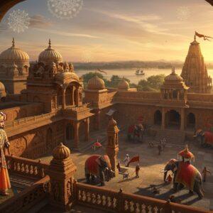 A majestic aerial view of the ancient Tripuri capital, featuring a grand palace complex with distinctive Kalachuri architecture, ornate spires, and stepped wells in rich gold and terracotta tones. In the foreground, a noble Kalachuri king stands regally on a balcony, wearing an elaborate crown and royal garments adorned with precious gems and gold embroidery. He's surrounded by intricate marble jali work and carved stone pillars showing scenes from epics. The scene is illuminated by a warm sunset, casting long shadows across the courtyard where elephants adorned with ceremonial decorations stand. Flanking the palace are towering temples with detailed sculptures and reliefs in the characteristic Kalachuri style. The landscape shows the Narmada River flowing in the background with trading vessels, suggesting prosperity. The art style combines Madhubani patterns in the architectural details with modern digital rendering techniques, using a color palette of deep maroon, royal blue, burnished gold, and rich earth tones. Ethereal floating mandalas and subtle sacred geometry patterns add a mystical dimension to the scene. The lighting creates a dramatic interplay of light and shadow, highlighting the architectural grandeur.