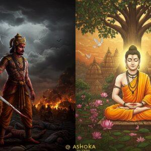 A dramatic split-screen composition showing two contrasting scenes of Emperor Ashoka - on the left, a fierce warrior-king in blood-stained royal armor wielding a sword on the Kalinga battlefield, surrounded by fallen soldiers, burning villages, and dark storm clouds. On the right, a transformed, peaceful Ashoka in simple white robes seated in meditation under a Bodhi tree, surrounded by blooming lotus flowers, Buddhist dharma wheels, and radiating golden light. The transition between the scenes features intricate Madhubani-style patterns in deep maroon and gold. The battlefield scene uses darker tones of crimson and charcoal, while the peaceful scene employs soft saffron and azure hues. Both Ashokas have distinct Indian features, royal tilak, and imperial regalia. The background incorporates traditional Pattachitra-style motifs of ancient Kalinga architecture. Ethereal floating dharma symbols and delicate peace doves bridge the two scenes. The overall composition suggests spiritual transformation through a blend of photorealistic and traditional Indian art styles, with dramatic lighting that emphasizes the contrast between war and peace.