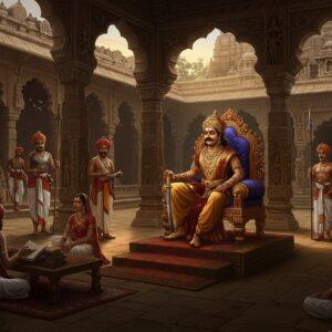 Majestic ancient Indian palace courtyard in Keladi architectural style with ornate stone pillars and intricate carvings, featuring a powerful Indian ruler in rich golden and maroon royal attire seated on an elevated throne. The ruler wears traditional Nayaka period jewelry and holds a sword symbolizing authority. Behind him stands royal guards in period-accurate armor holding spears. The scene includes detailed architectural elements like stepped tanks, temple spires, and traditional Karnataka-style sculptures. The foreground shows court scholars with palm leaf manuscripts and ministers in traditional 17th-century Kannada attire engaged in administrative duties. Soft evening sunlight filters through decorative stone windows, creating dramatic shadows. The color palette features deep maroons, rich golds, and earthy browns typical of Keladi architecture. The scene is rendered in a fusion of classical Indian miniature painting style with modern digital art techniques, emphasizing the grandeur and administrative sophistication of the dynasty. Includes period-specific details like copper plate inscriptions, royal seals, and traditional weapons of the era.