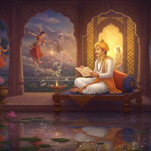 A majestic scene depicting an ancient Indian scholar-poet Banabhatta seated in a traditional lotus position on an ornately carved wooden seat, dressed in pristine white dhoti and angavastram with gold borders. He's illuminated by warm golden light streaming through an intricately designed jharokha window. In his hands, he holds a palm leaf manuscript with Sanskrit verses. The background features a magical blend of Kadambari's elements - celestial apsaras dancing in the clouds, royal court scenes, and mystical forest landscapes merging seamlessly in a dreamy, ethereal style. Surrounding him are floating lotuses and peacock feathers transforming into Sanskrit letters that dissolve into golden sparkles. The scene is framed by traditional Madhubani-style borders with intricate patterns in deep maroon and peacock blue. Crystal-clear reflections in a still pond below show the entire scene in a surreal mirror image. The lighting is soft and mystical, with hints of saffron and rose gold. The art style combines classical Indian miniature painting techniques with modern digital art aesthetics, creating a harmonious blend of ancient and contemporary elements.