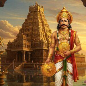 A majestic portrait of Rajendra Chola I in royal Chola attire, wearing a gold-studded crown and multiple necklaces, standing proudly in front of the massive Gangaikonda Cholapuram temple. The temple architecture features intricate Tamil-style carved pillars and towering vimanas with detailed sculptures. In his right hand, he holds a golden Chola-era coin showing the tiger emblem, while his left hand gestures towards ancient Tamil inscriptions carved on copper plates. The scene is illuminated by warm, golden sunlight, creating dramatic shadows on the temple structure. The foreground features a beautiful reflection pool showing the temple's mirror image. Decorative elements include traditional Chola-period bronze lamps, dancing apsaras carved in stone, and blooming lotus flowers. The color palette emphasizes rich golds, deep browns, and royal blues. The art style combines hyperrealistic architectural details with the ornate patterns of traditional Indian miniature paintings, creating a sense of both historical accuracy and artistic beauty. The background shows glimpses of naval vessels, suggesting the Chola's maritime power.