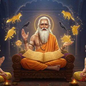 A wise elderly Indian sage with silver hair and traditional dhoti, seated cross-legged on an ornate wooden carved throne, surrounded by attentive royal children in ancient Indian princely attire. He's gesturing animatedly, with magical storytelling elements floating around him - golden translucent animals (fox, crow, lion, monkey, turtle) emerging from an ancient palm leaf manuscript in his lap. The background features a grand Gupta-era architectural setting with intricate pillars and arches, merged with ethereal Madhubani-style patterns in deep indigo and gold. Warm light streams through ornate windows, creating a mystical atmosphere. The scene includes floating lotus flowers, subtle mandalas, and spiraling Sanskrit letters transforming into animal silhouettes. The art style combines hyperrealistic character rendering with traditional Indian art elements, featuring a rich color palette of deep maroon, royal blue, and burnished gold. Magical particle effects and soft glowing auras enhance the storytelling ambiance.