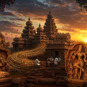 A majestic scene showcasing the iconic Shore Temple of Mahabalipuram at sunset, with its pyramidal towers silhouetted against a dramatic sky filled with deep oranges and purples. In the foreground, intricate stone sculptures of divine dancers in graceful poses come alive with a ethereal golden glow. The scene transitions from ancient to modern through a sweeping spiral of Tamil Grantha script that transforms into contemporary digital patterns. To the left, a detailed recreation of a Pallava-era artist chiseling the Arjuna's Penance relief, while to the right, modern Indian students study the art using digital tablets. The atmosphere features floating lotus petals and mandala patterns in peacock blue and saffron. The lighting emphasizes the texture of the ancient granite structures while adding a surreal shimmer to the entire composition. The style merges traditional Pallava stone carving techniques with modern digital art aesthetics, using rich maroons, deep blues, and warm golds. The scene is framed by traditional Tamil architectural motifs and climbing vines with blooming temple flowers. Hyperrealistic with magical realism elements, 8k resolution, cinematic lighting.